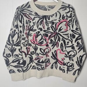 Anthropologie Abstract Floral Pop Pink Embroidered Sweater Cozy Knit